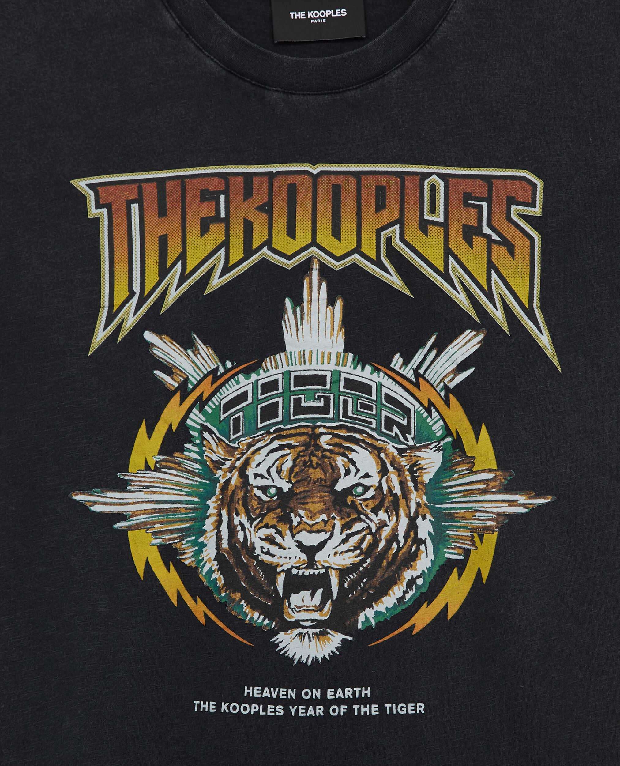 Rock-style cotton T-shirt, tiger screen print, BLACK WASHED, hi-res image number null