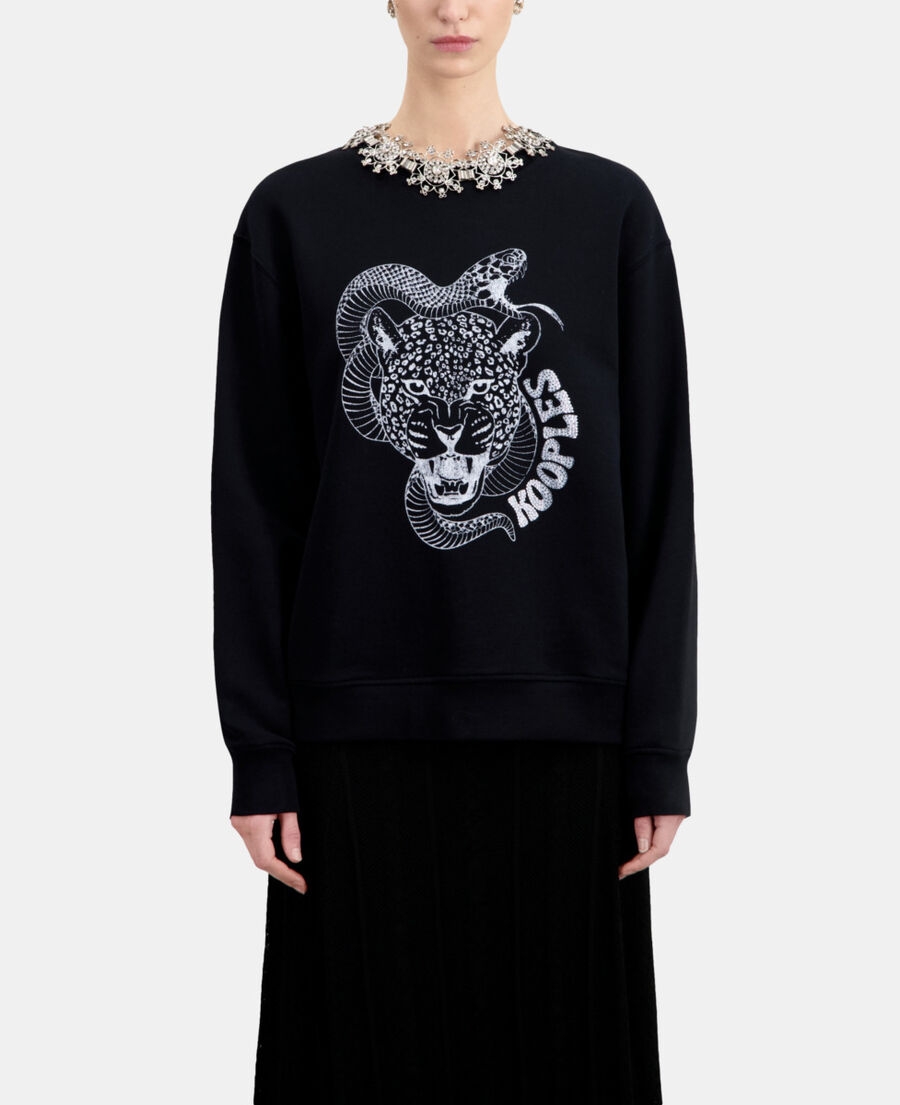 The Kooples WOMEN BLACK black sweatshirt with snake leopard serigraphy