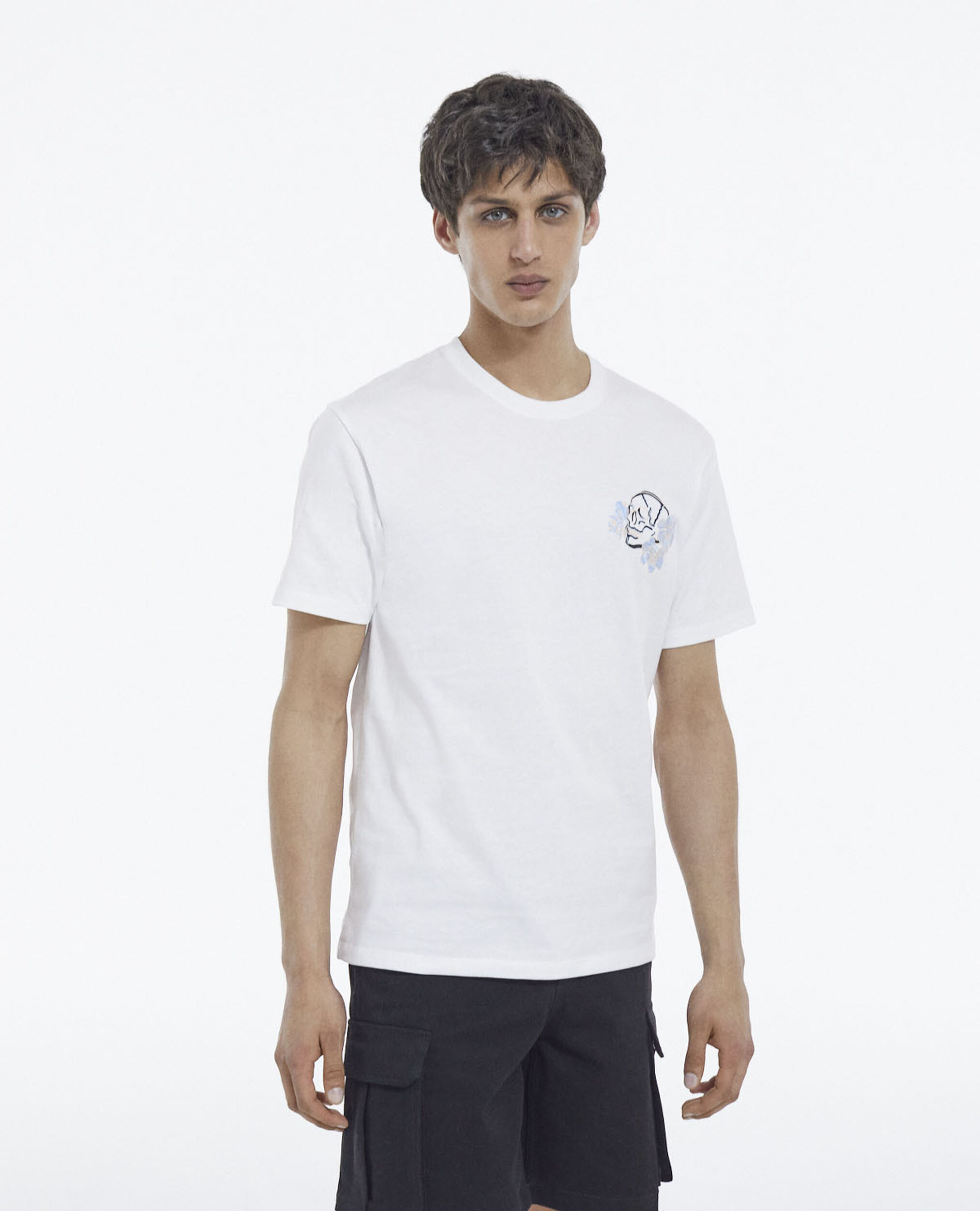 Weißes T-Shirt mit Totenkopf-Print und Blumen, WHITE, hi-res image number null