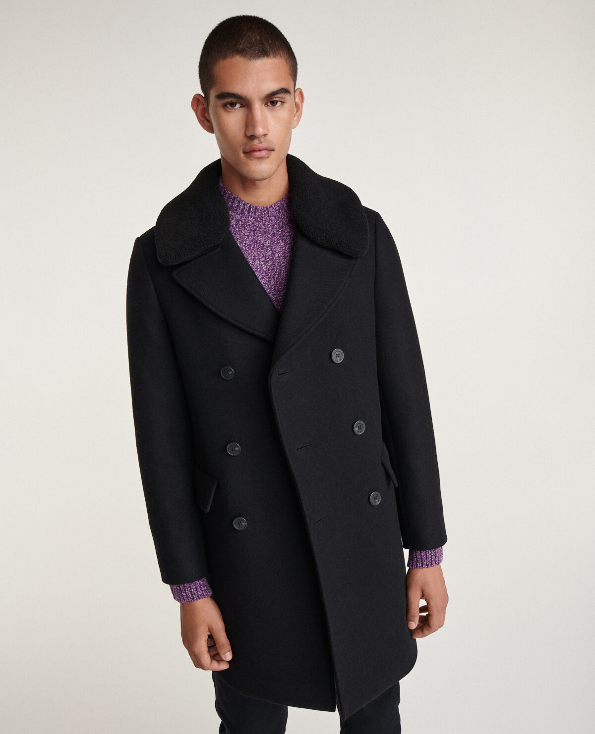 Long black wool coat with sheepskin collar The Kooples