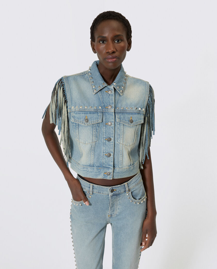 The Kooples MUJER BABY BLUE cazadora vaquera azul con flecos y tachuelas