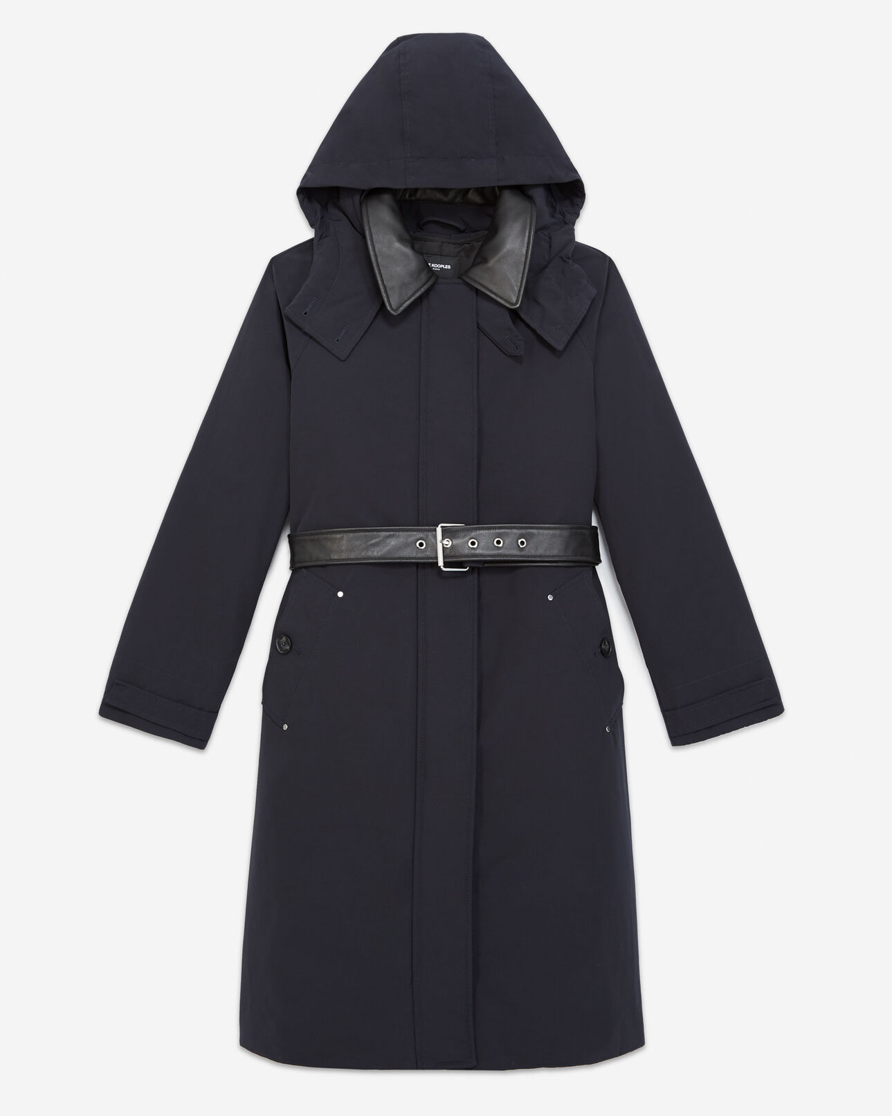The Kooples WOMEN NAVY navy blue parka with leather details and belt
