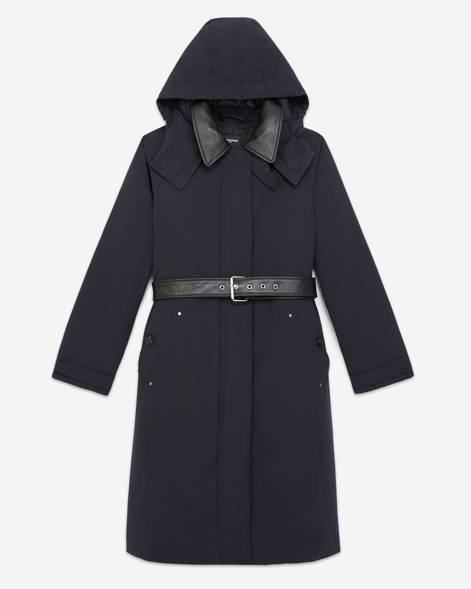 Navy blue parka with leather details and belt, NAVY, hi-res image number null