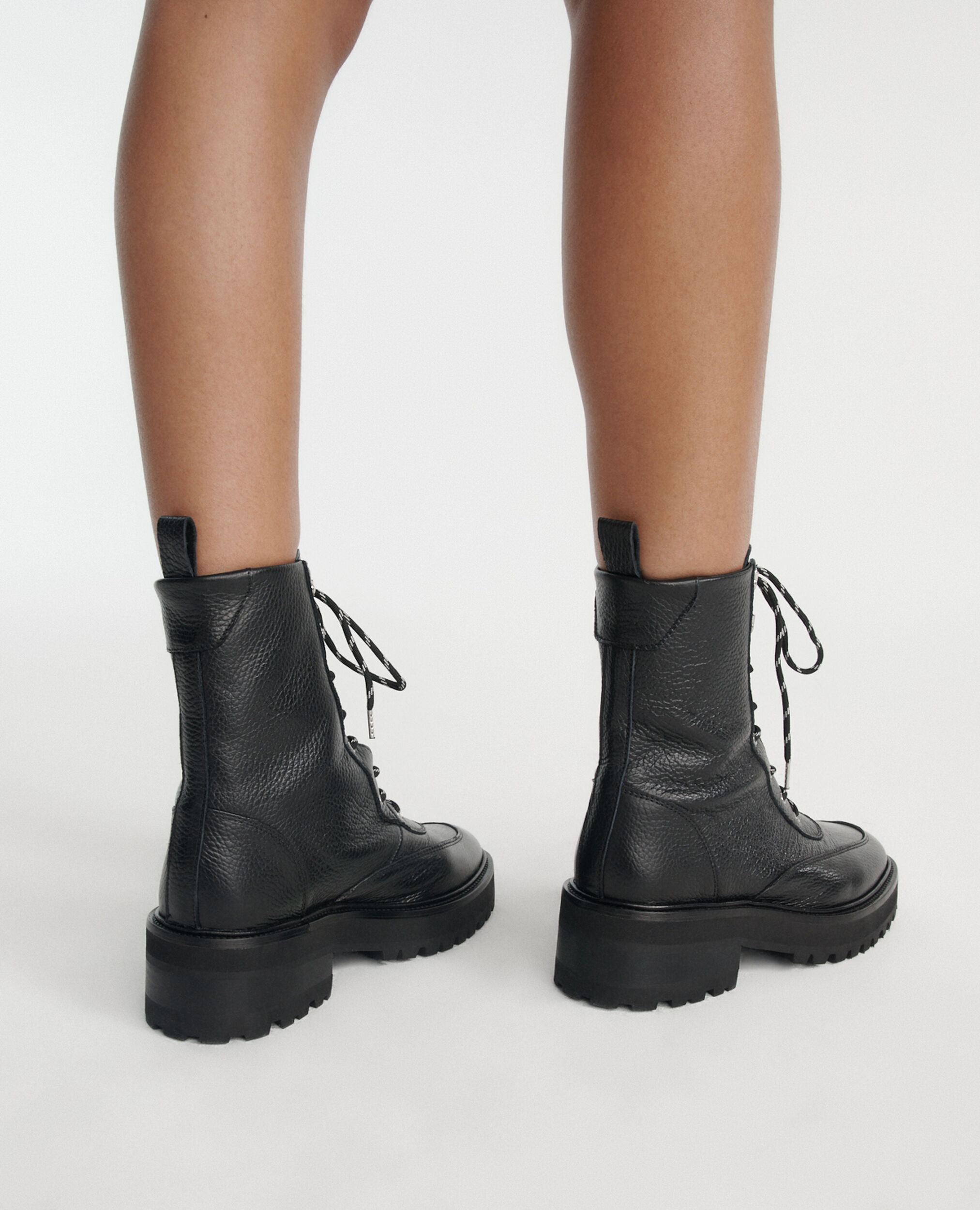 High black leather boots in ranger style, BLACK, hi-res image number null