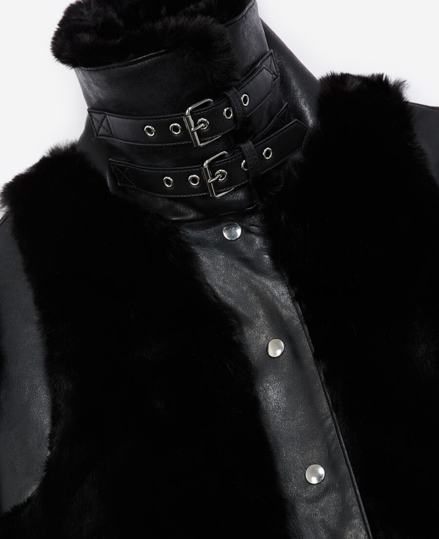 black faux fur coat with leather detail