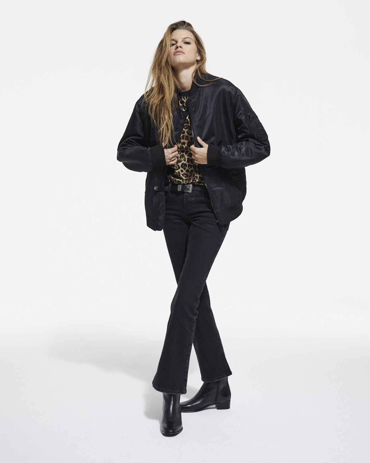 The Kooples WOMEN BLACK black bomber jacket with leopard lining