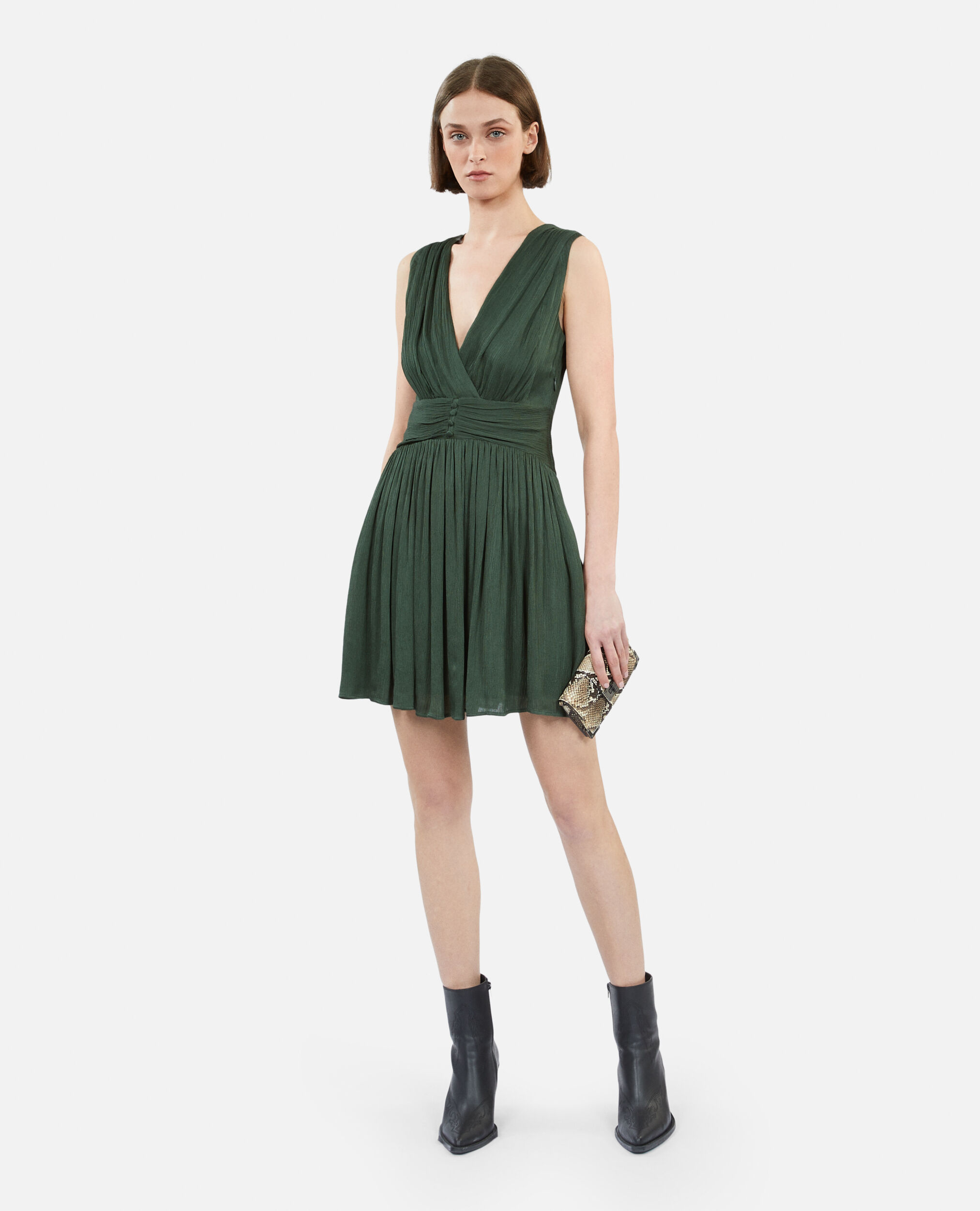 Short green crinkle fabric dress, WOOD KAKI, hi-res image number null