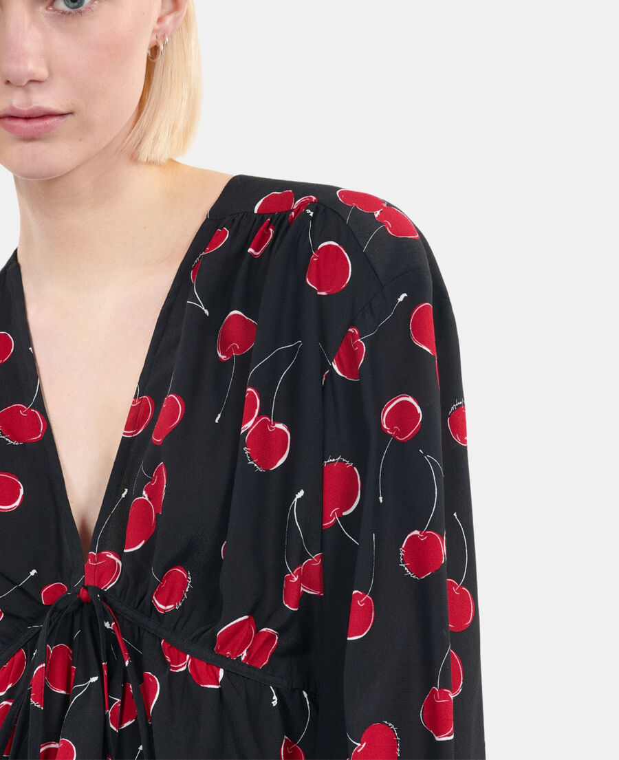 The Kooples F BLACK - RED cherry printed cropped top with ruffles