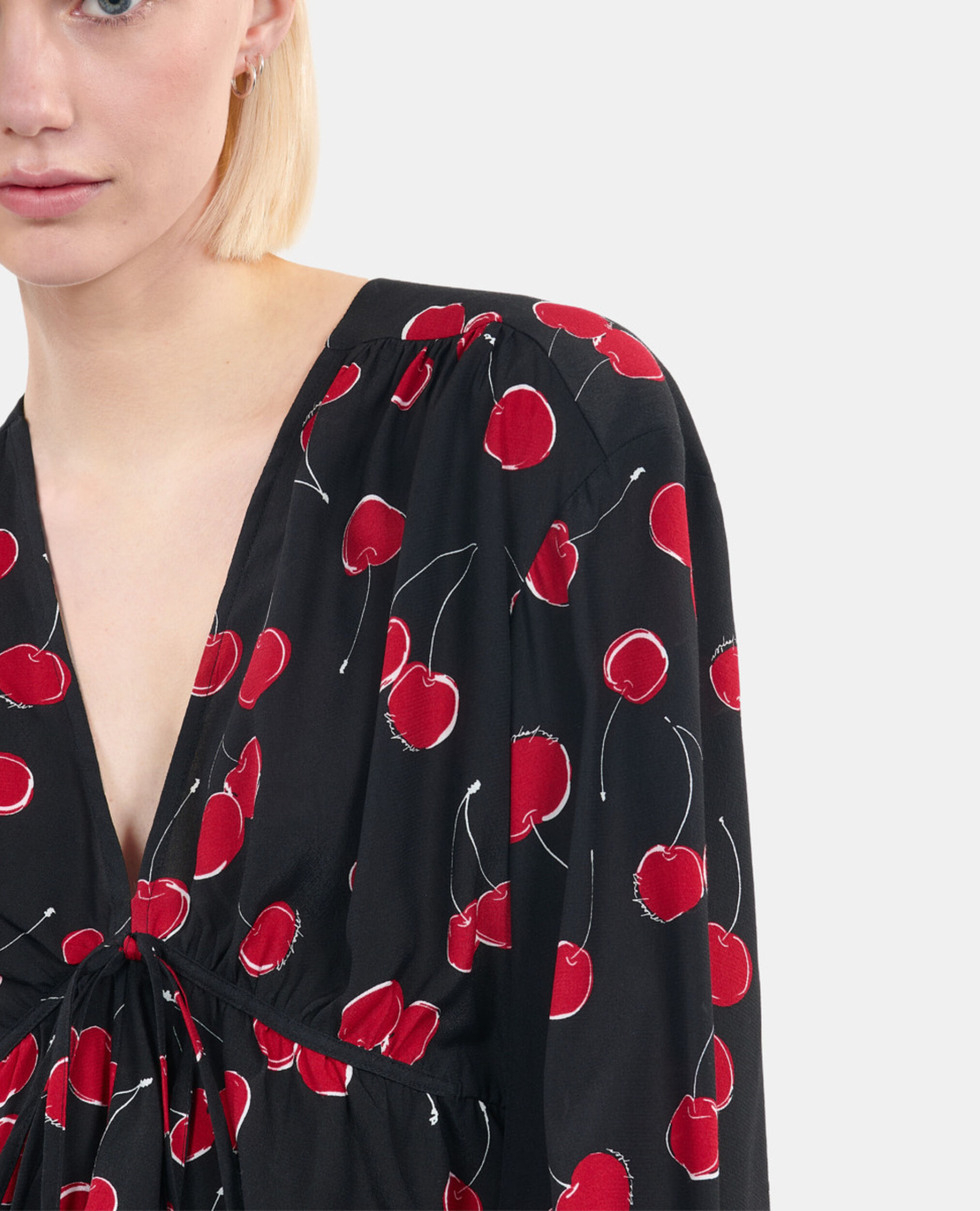 Cherry printed cropped top with ruffles, BLACK - RED, hi-res image number null