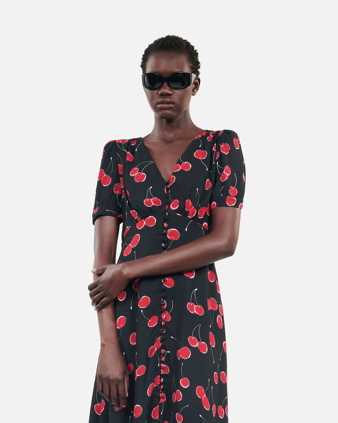 The Kooples WOMEN BLACK - RED printed long dress with buttoning