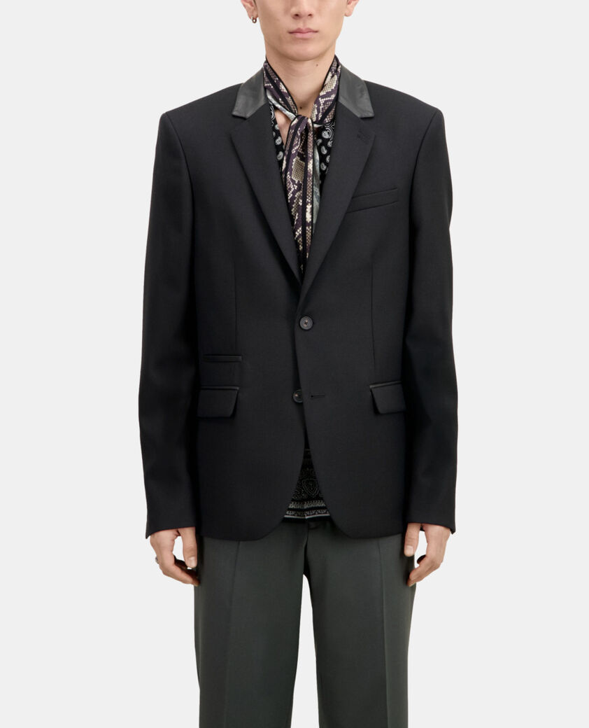 The Kooples MEN BLACK black wool blazer with leather details
