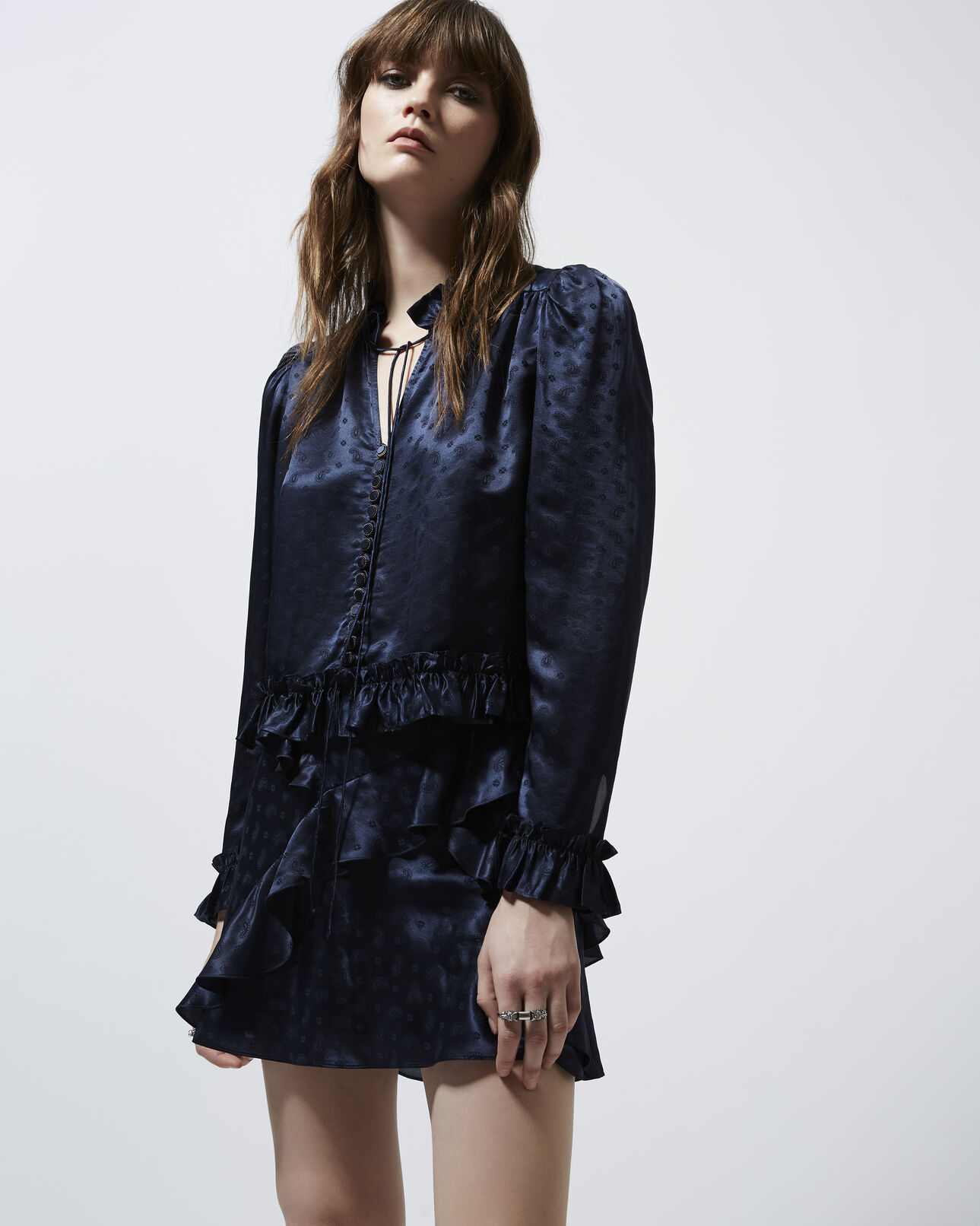 The Kooples FEMME NAVY chemise volants jacquard bleu marine