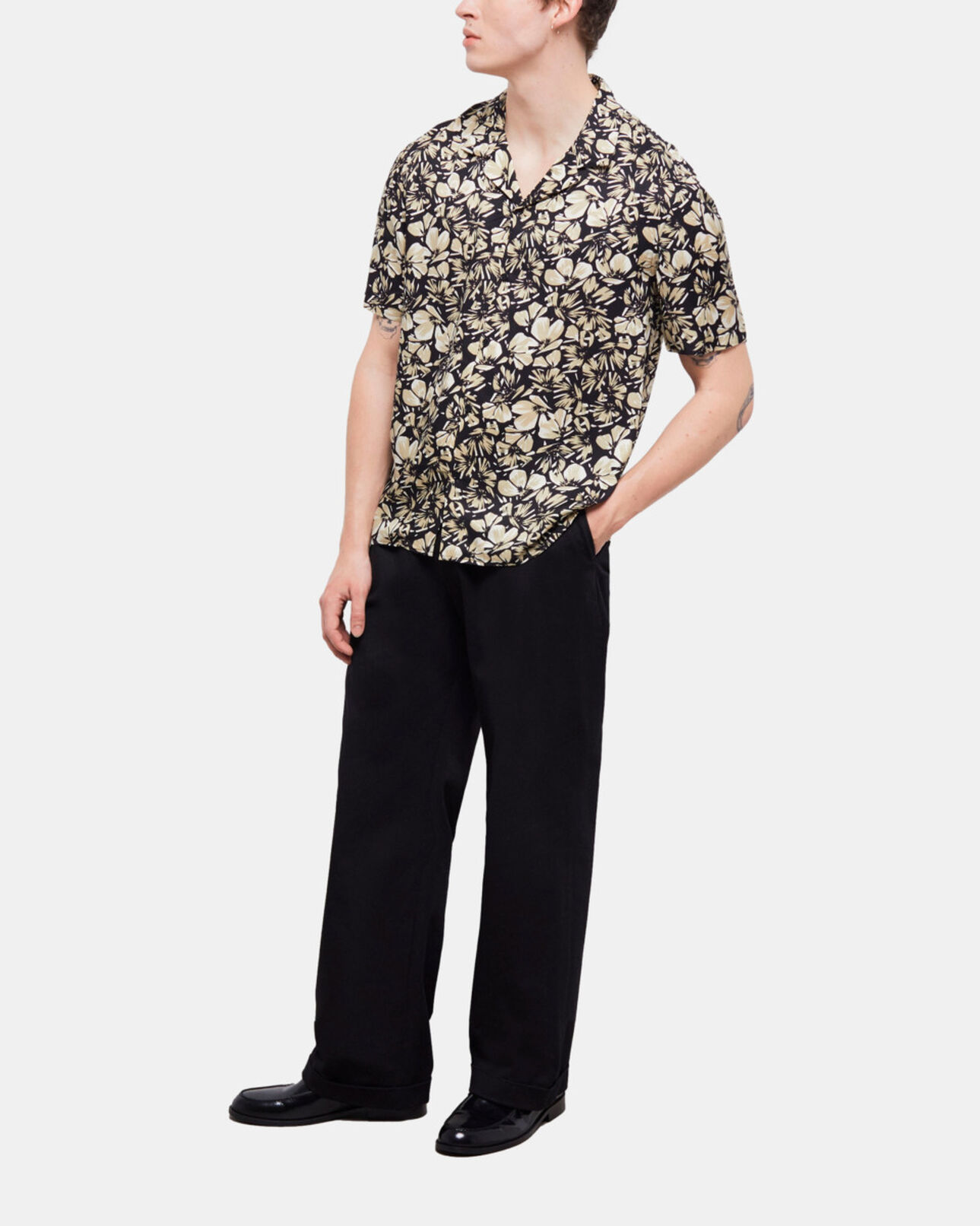 The Kooples MEN BLACK BROWN floral hawaiian collar shirt