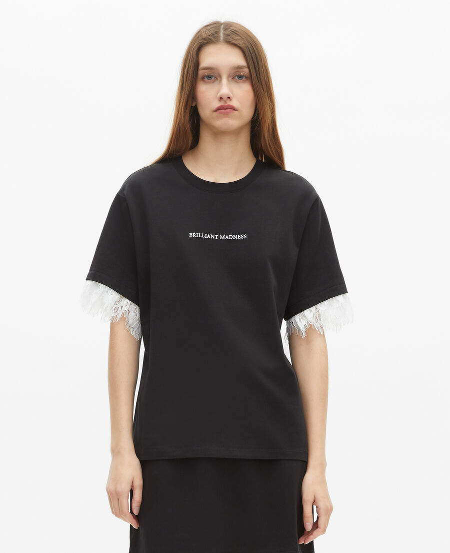 The Kooples WOMEN BLACK t-shirt with screen print and black lace
