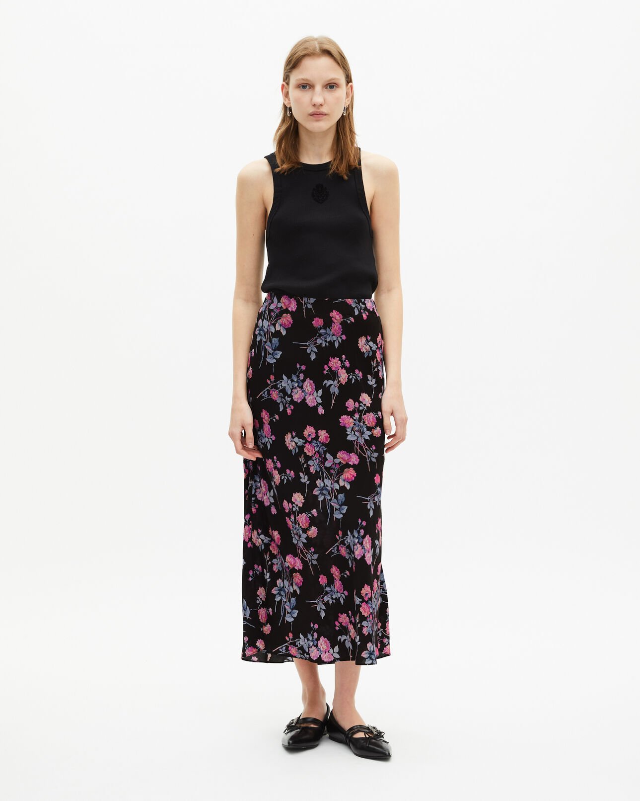 The Kooples FEMME BLACK / PINK jupe longue imprimé fleuri noire