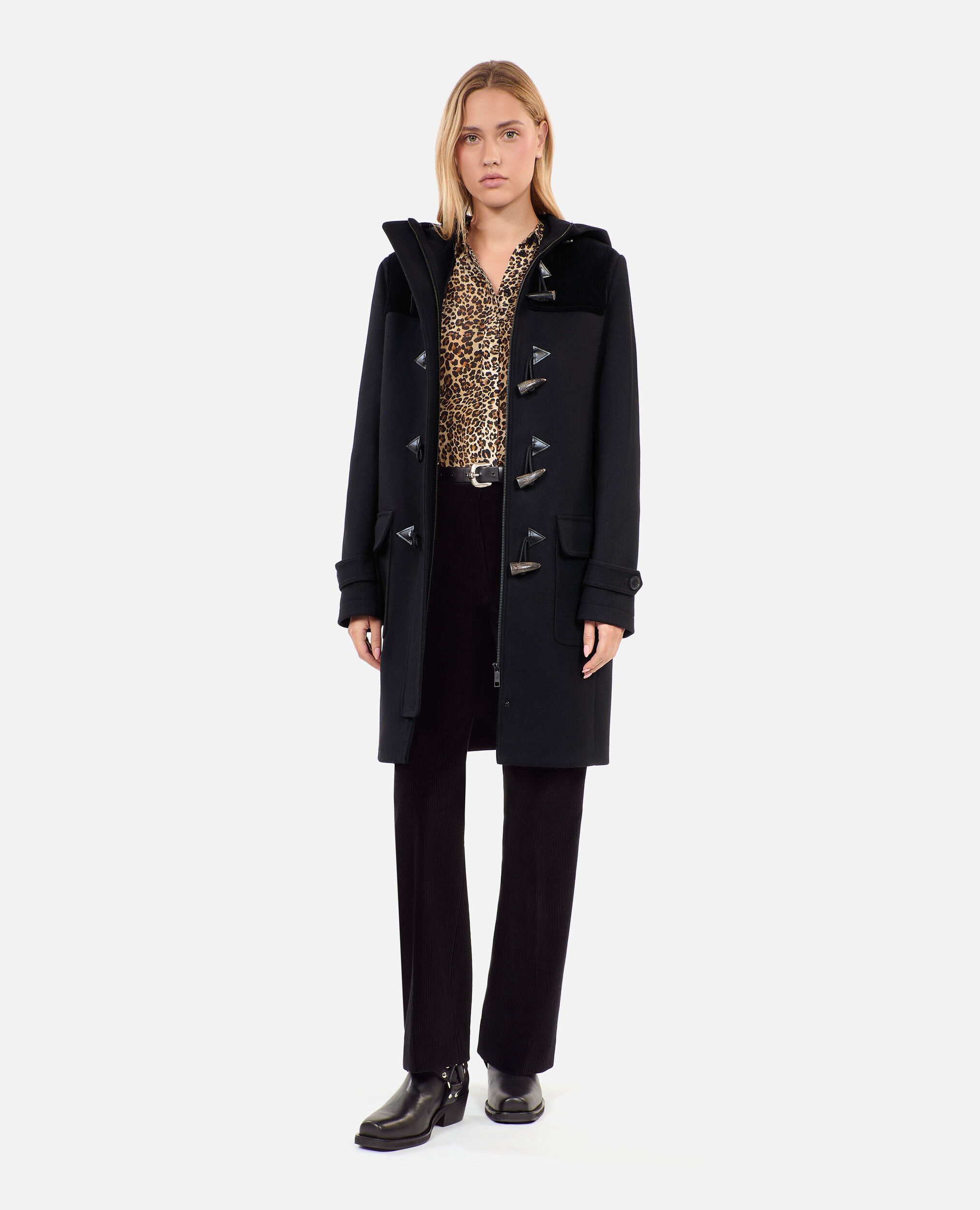 Black hooded pea coat, BLACK, hi-res image number null