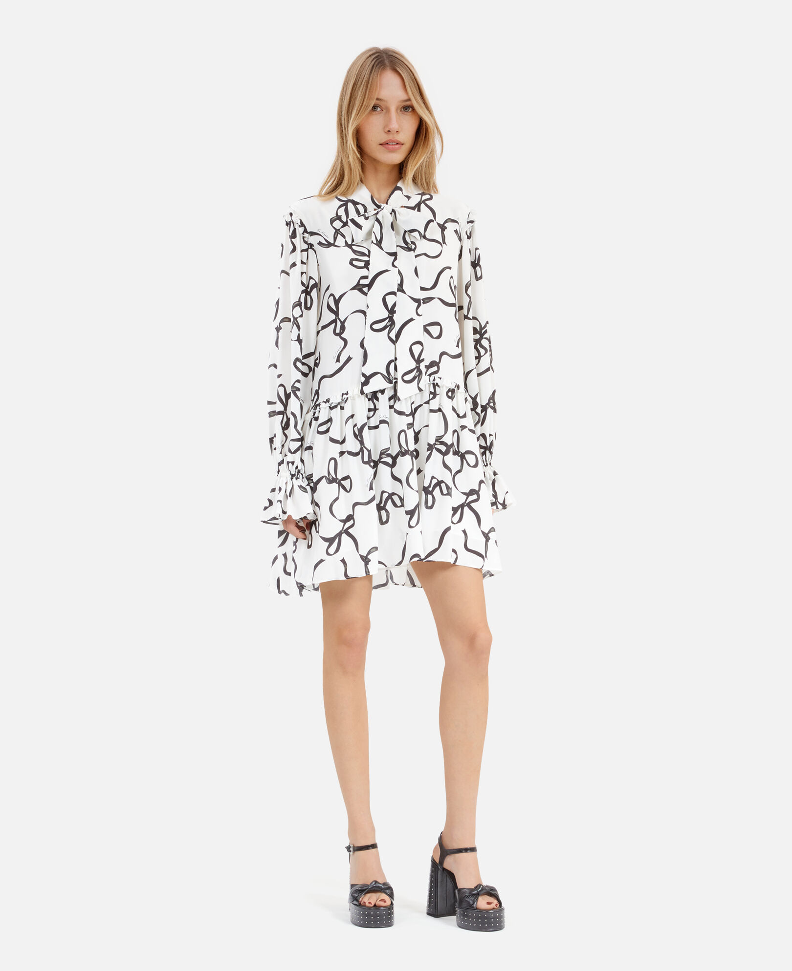 The Kooples WOMEN WHITE / BLACK short silk dress with ribbon print