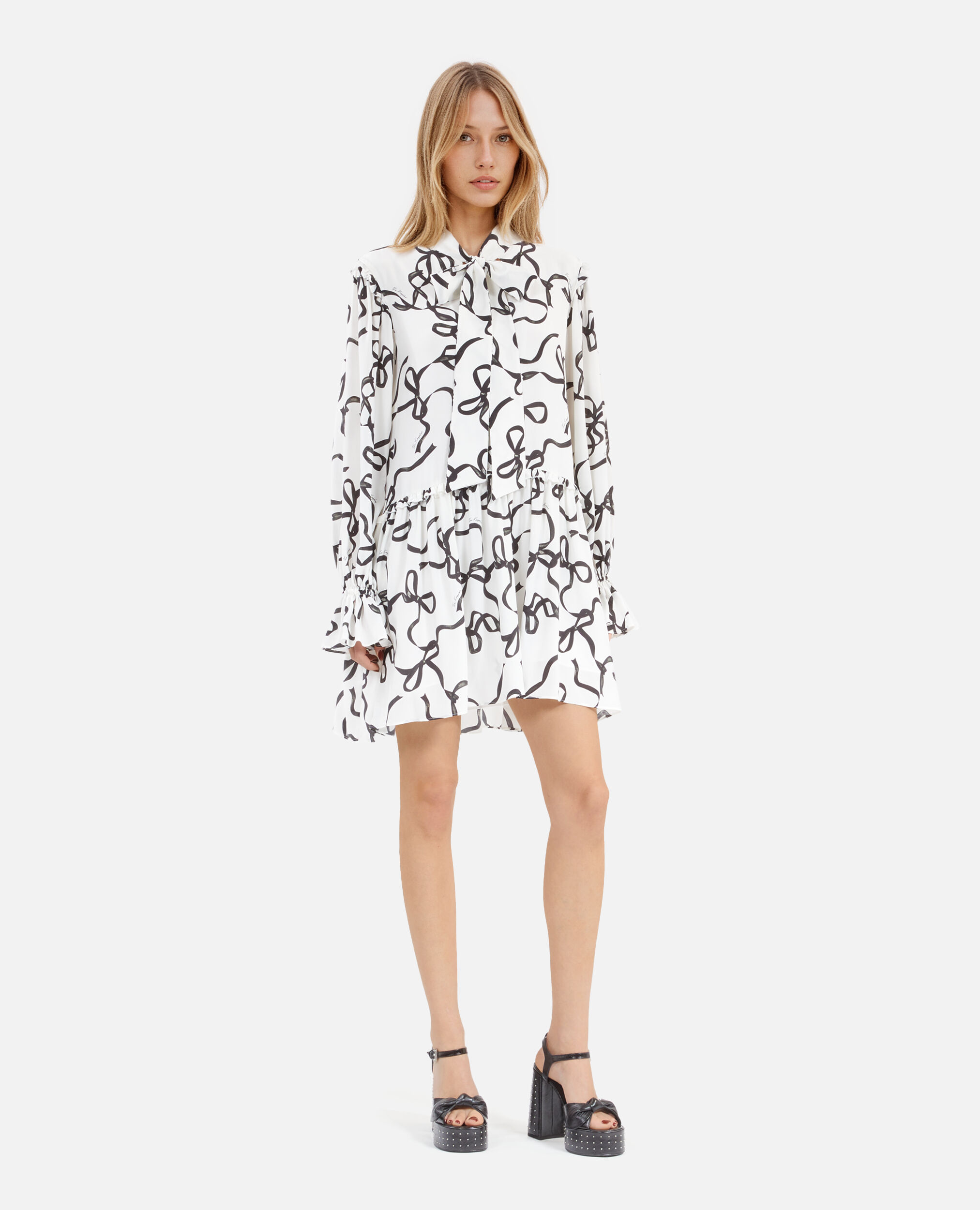 Short silk dress with ribbon print, WHITE / BLACK, hi-res image number null