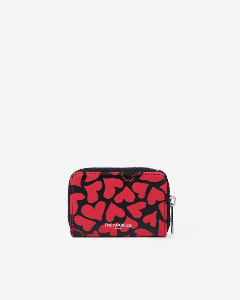 The Kooples WOMEN BLACK WHITE black leather coin purse with hearts print