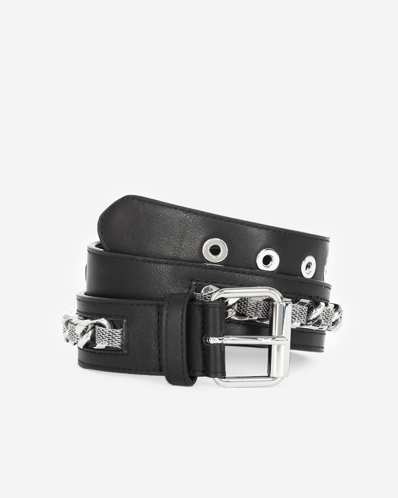 The Kooples WOMEN BLACK / SILVER classic leather belt with chain
