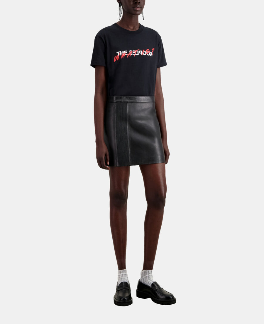short black leather skirt with zip and pintuck details