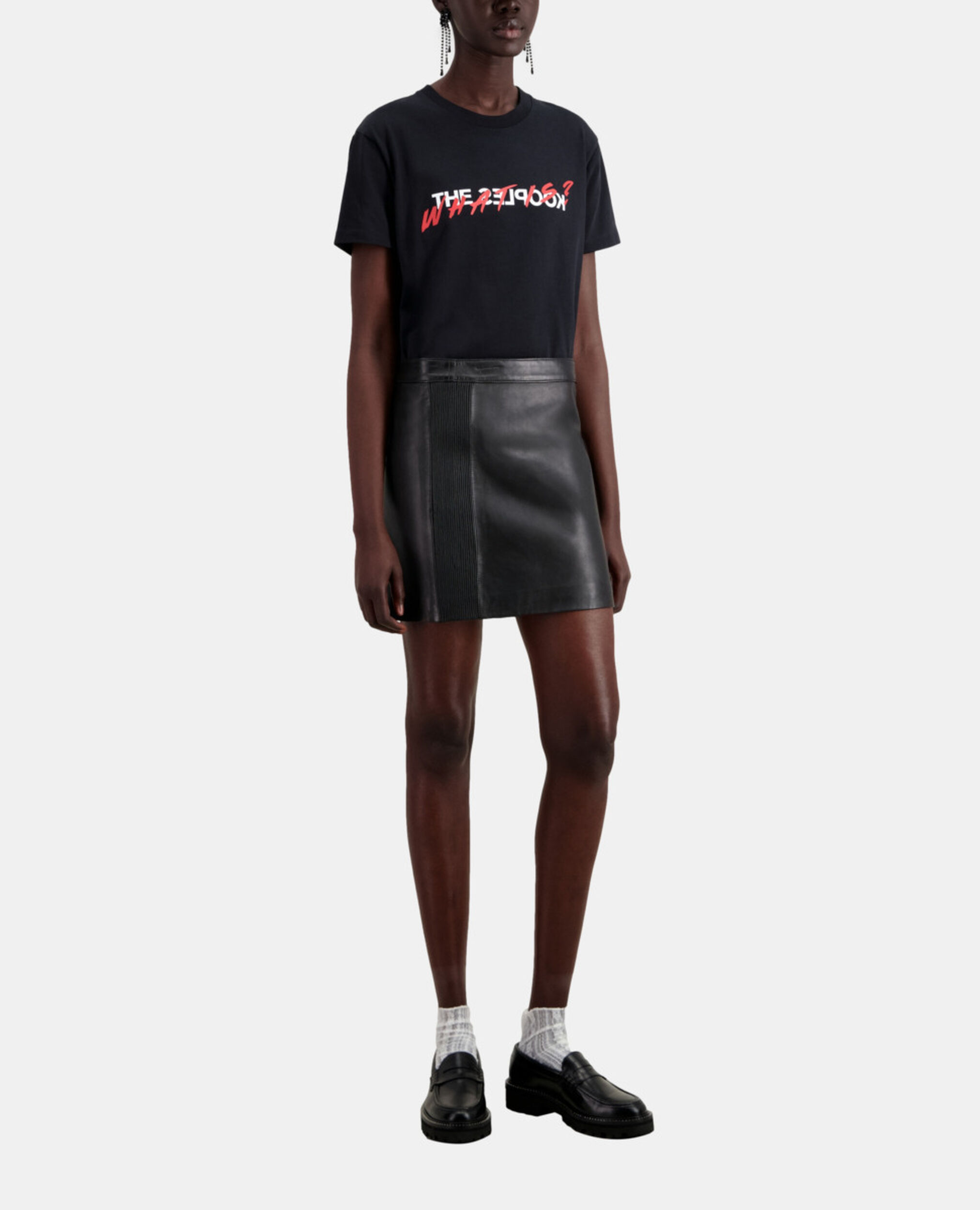 Short black leather skirt with zip and pintuck details, BLACK, hi-res image number null