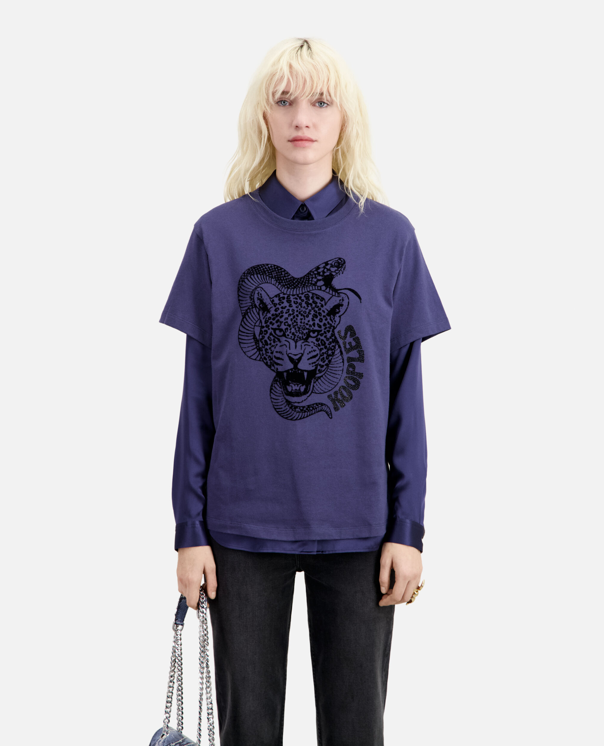 T-Shirt mit Schlangen-Leoparden-Beflockung, NIGHT BLUE, hi-res image number null