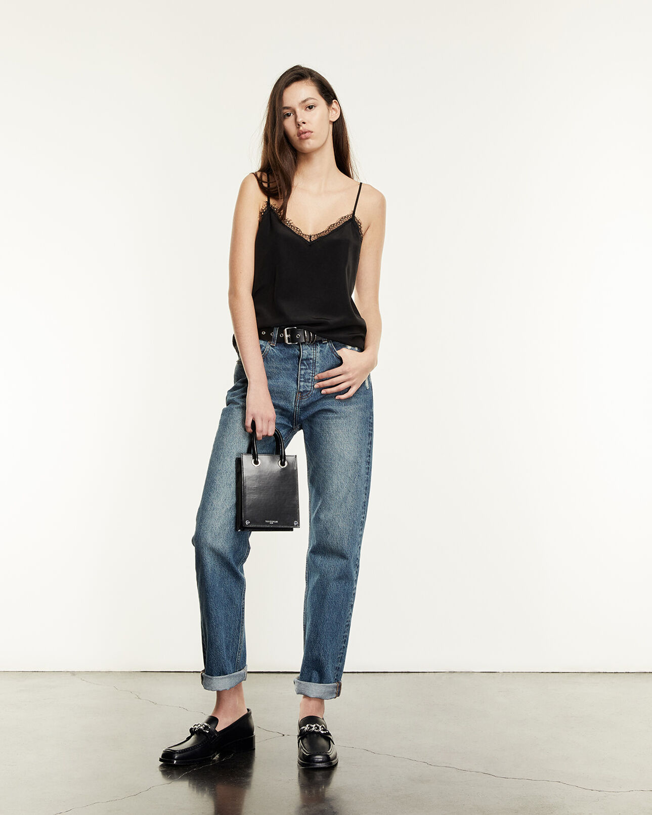 The Kooples WOMEN BLACK black silk camisole with lace detail