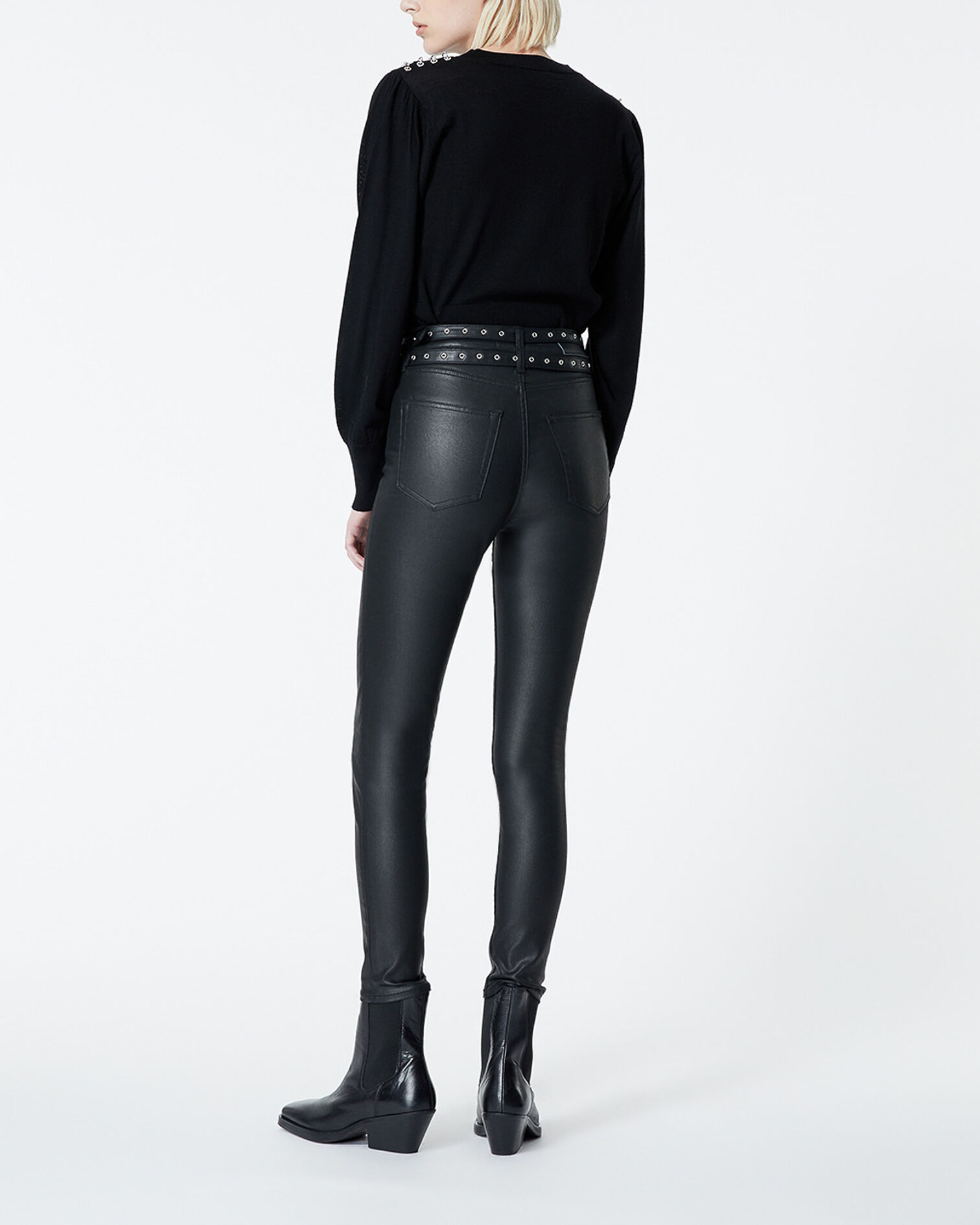 Faux leather jeans with double belt, BLACK, hi-res image number null