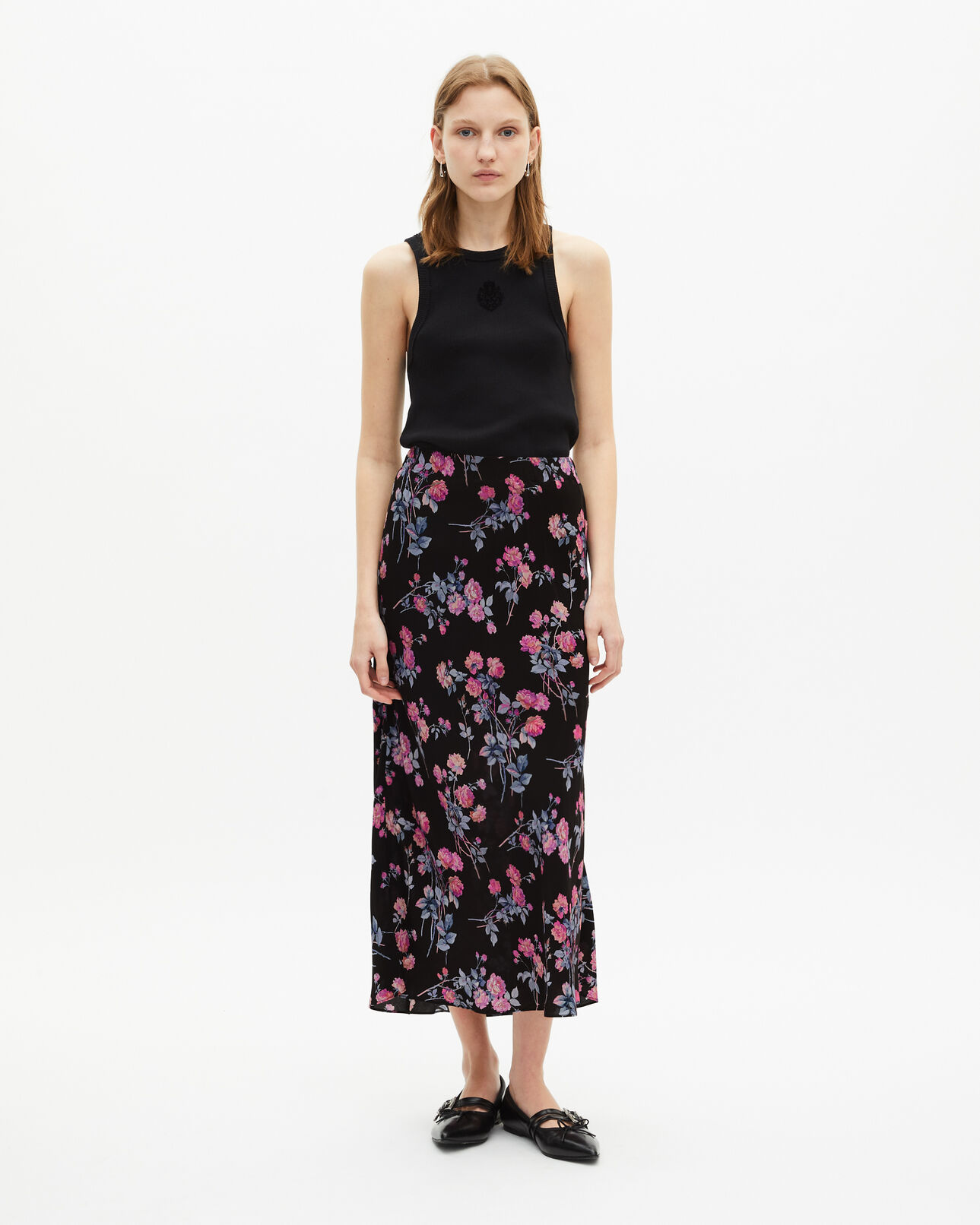 The Kooples WOMEN BLACK / PINK black floral print long skirt