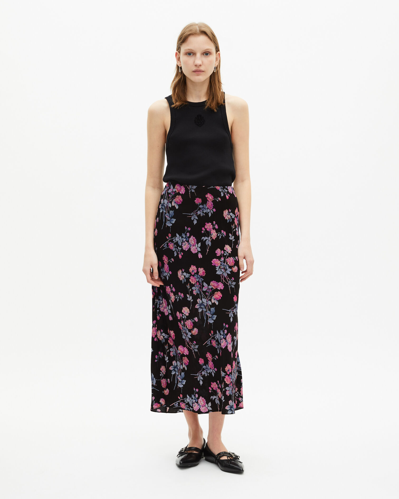 Black floral print long skirt, BLACK / PINK, hi-res image number null