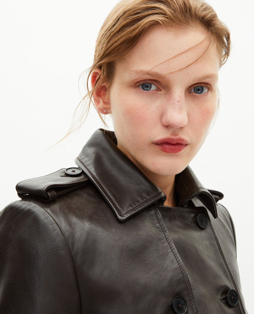 The Kooples FEMME DARK BROWN MELANGE trench long en cuir marron