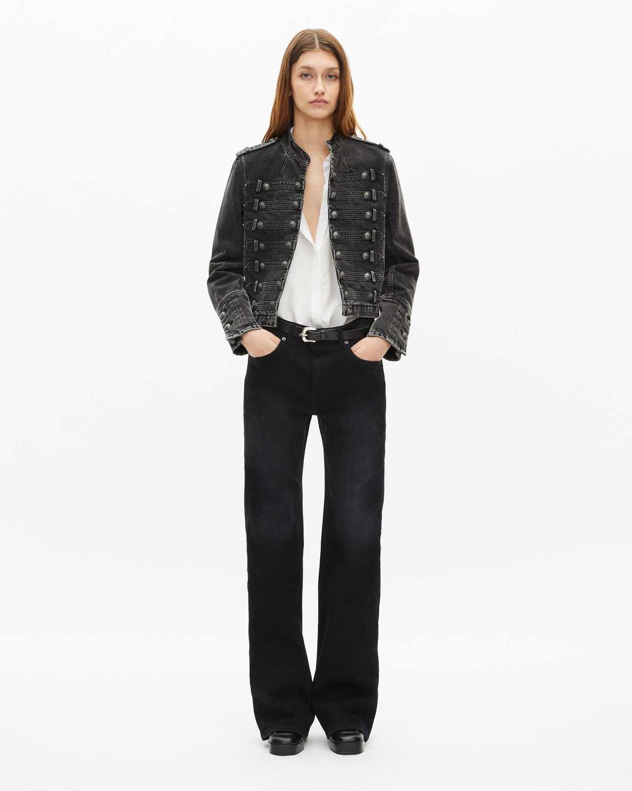 The Kooples WOMEN BLACK WASHED grey denim officer-style jacket