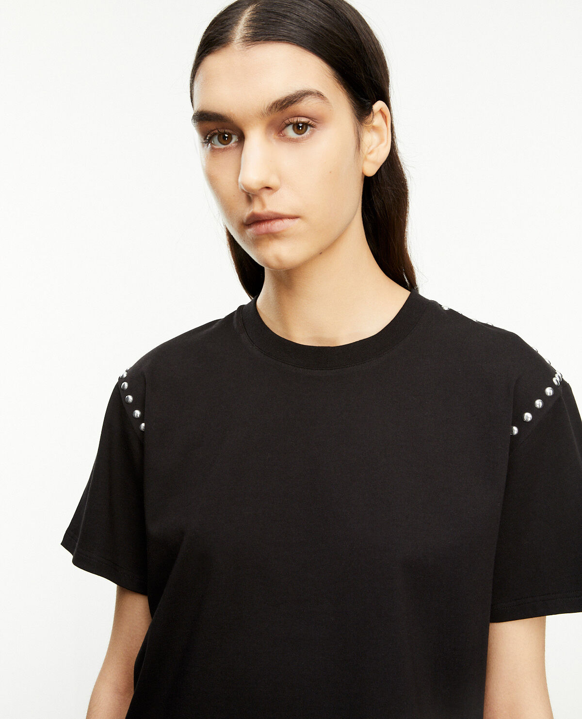 Black cotton T-shirt with studs