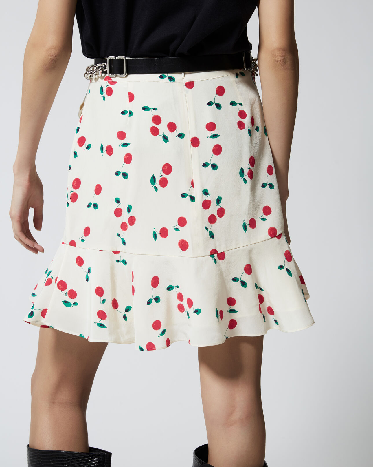The Kooples FEMME ECRU RED jupe courte soie écrue volants imprimé cerise