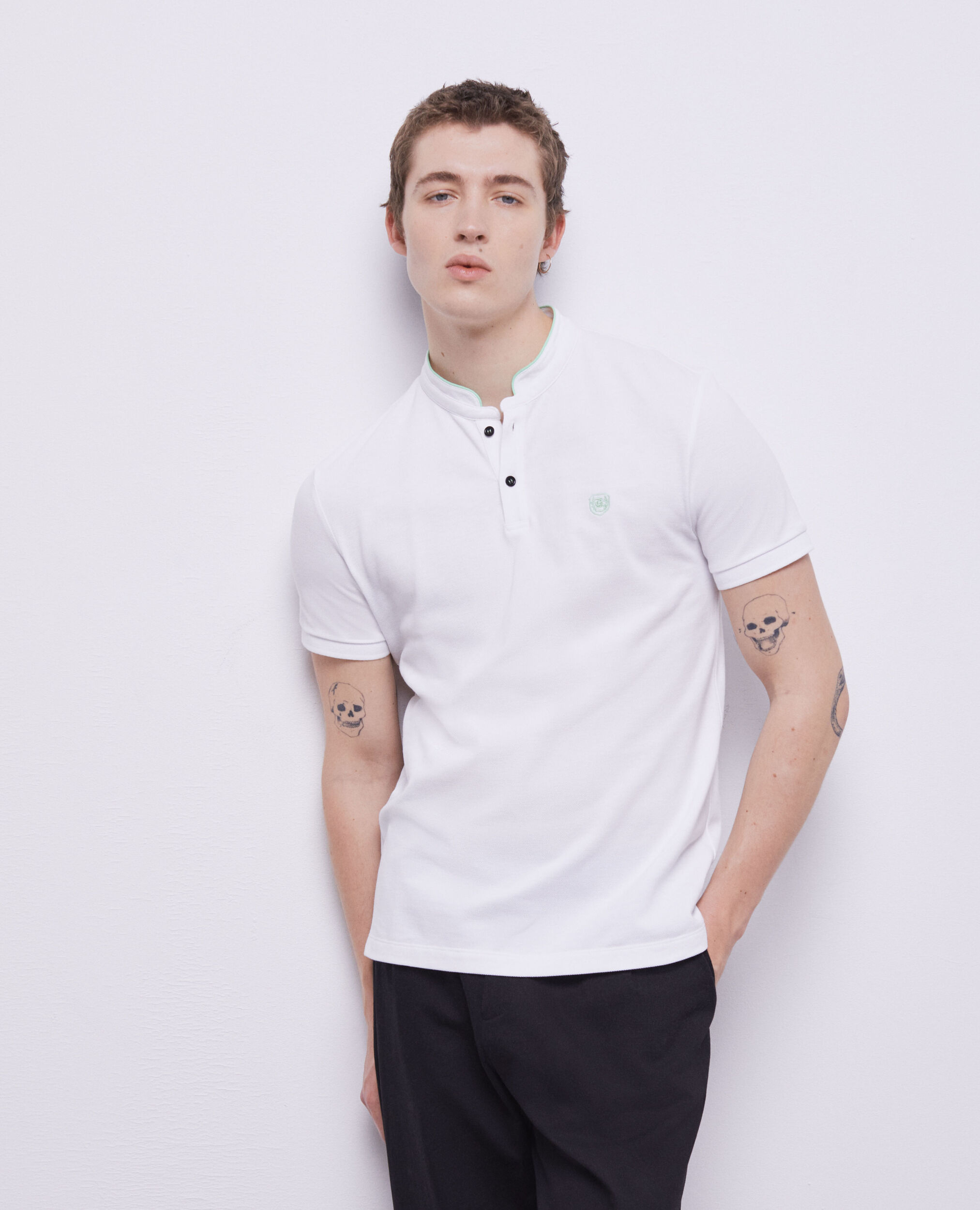 Green officer collar polo shirt, GREEN-WHITE, hi-res image number null