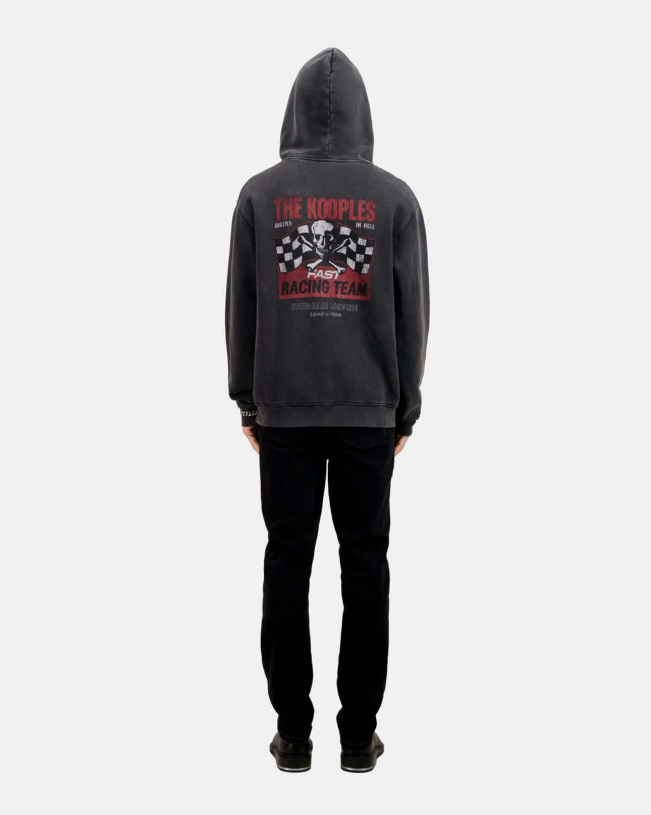 The Kooples HOMME BLACK WASHED sweatshirt homme à capuche noir avec sérigraphie racing skull