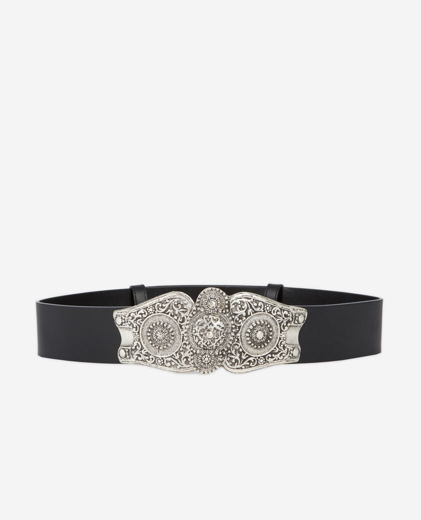The Kooples WOMEN BLACK wide black leather belt with large western-style buckle