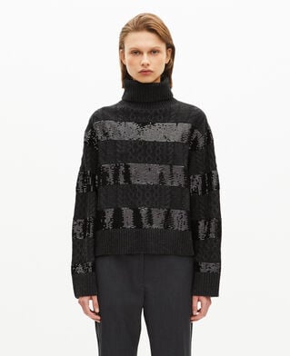 The Kooples F BLACK dark grey turtleneck sweater with sequin stripes