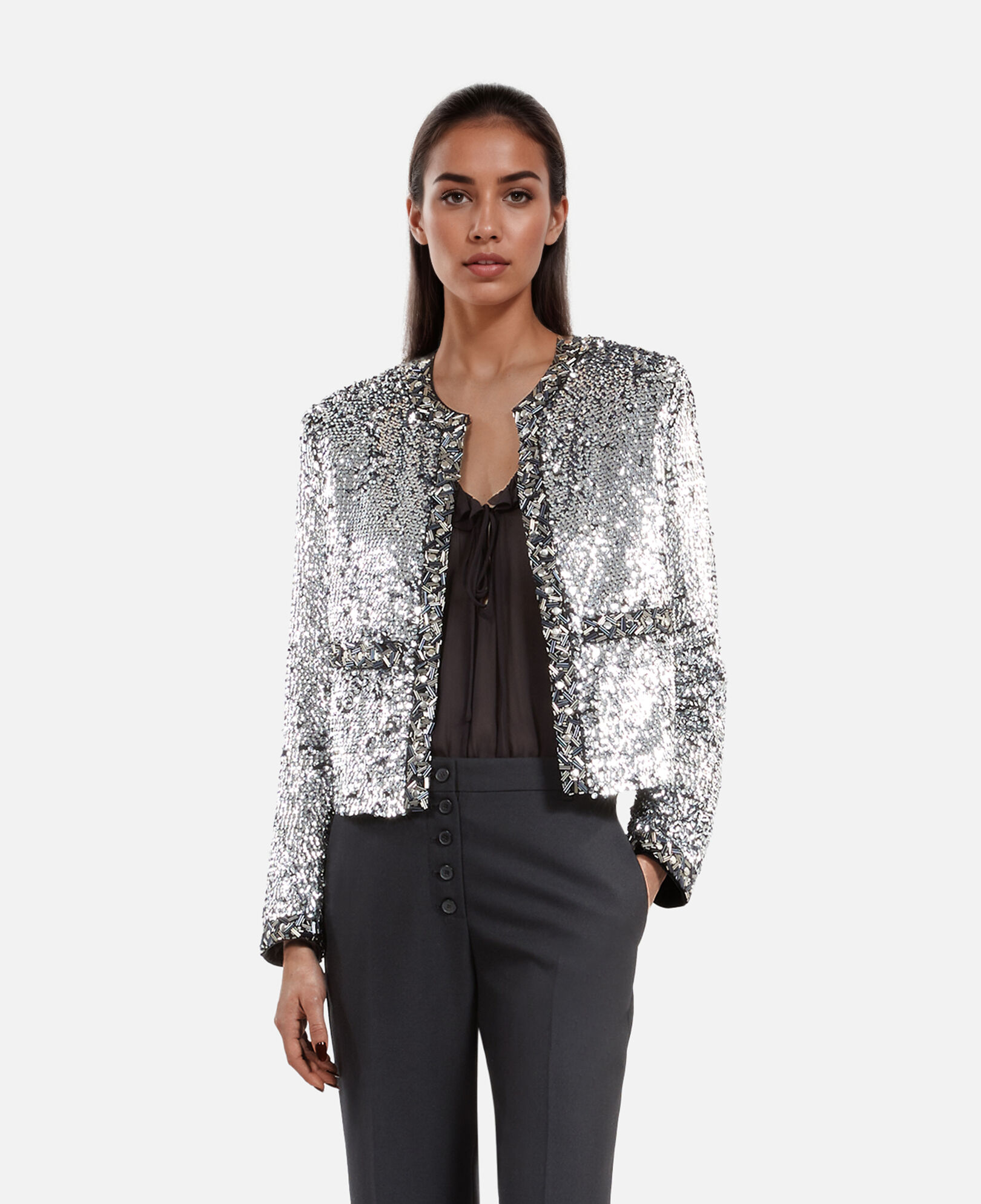 The Kooples WOMEN SILVER silver sequin and pearl jacket