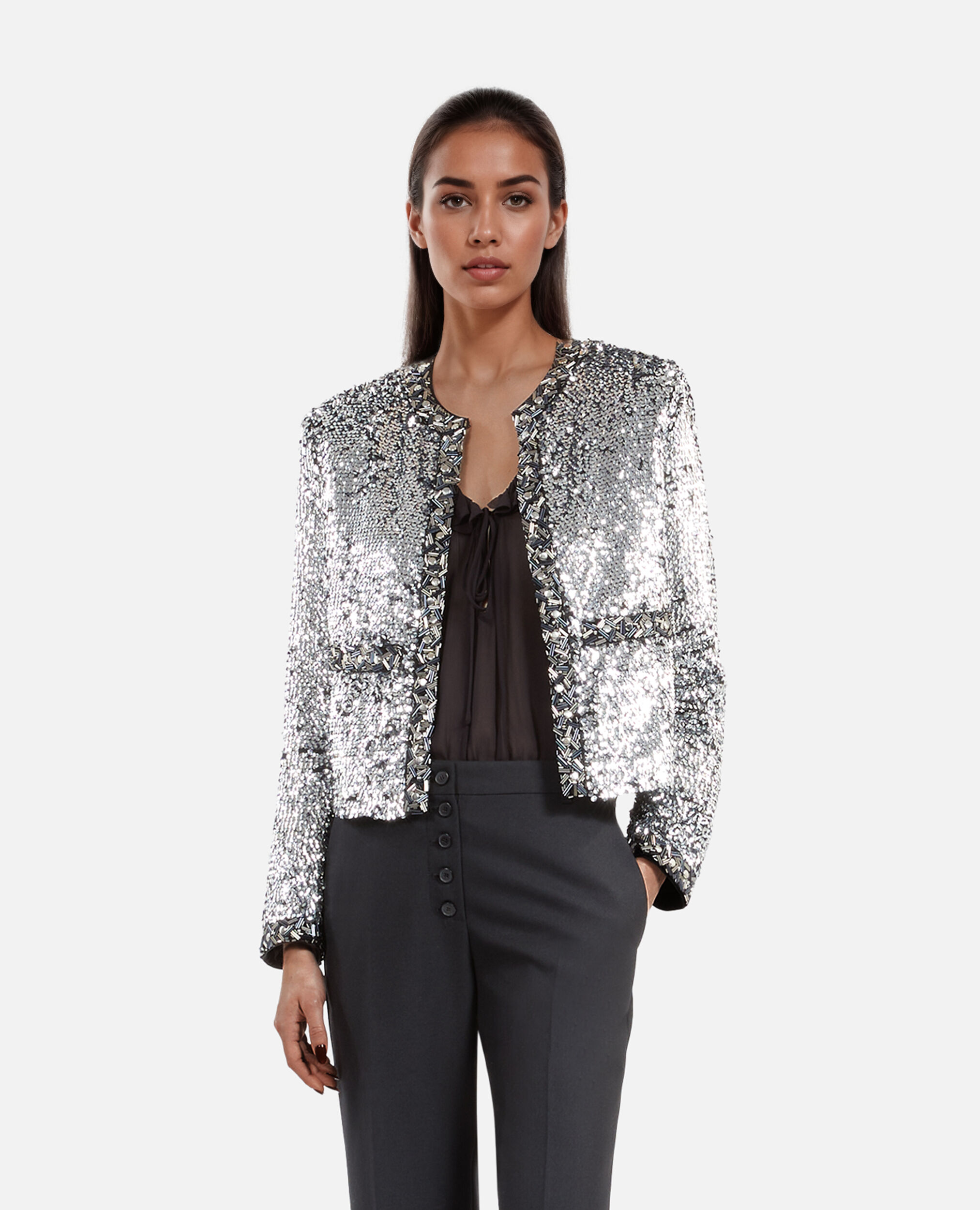 Silver sequin and pearl jacket, SILVER, hi-res image number null