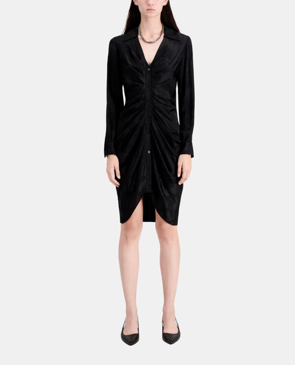 mid-length black floral dress with shirring