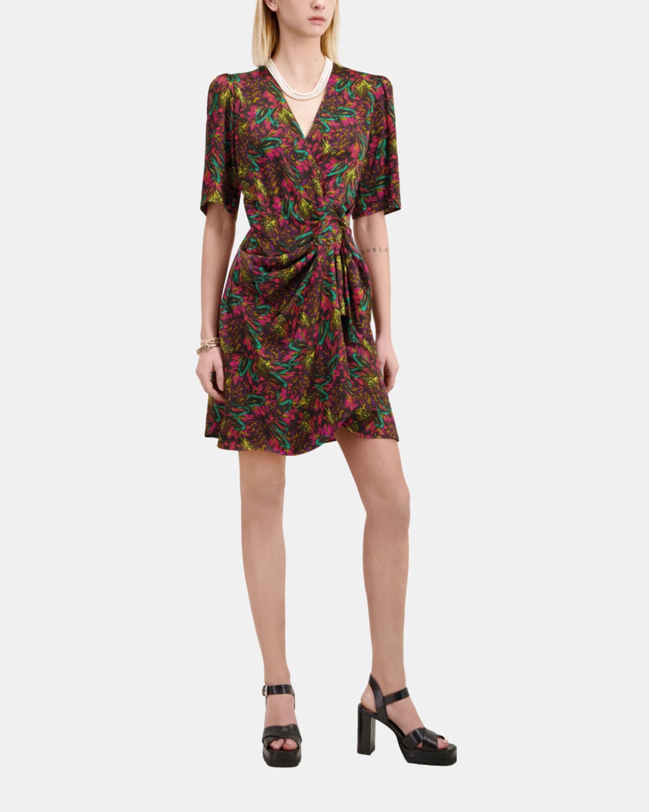 The Kooples WOMEN MULTICOLOR multicolor feather print short sleeve short dress with draping