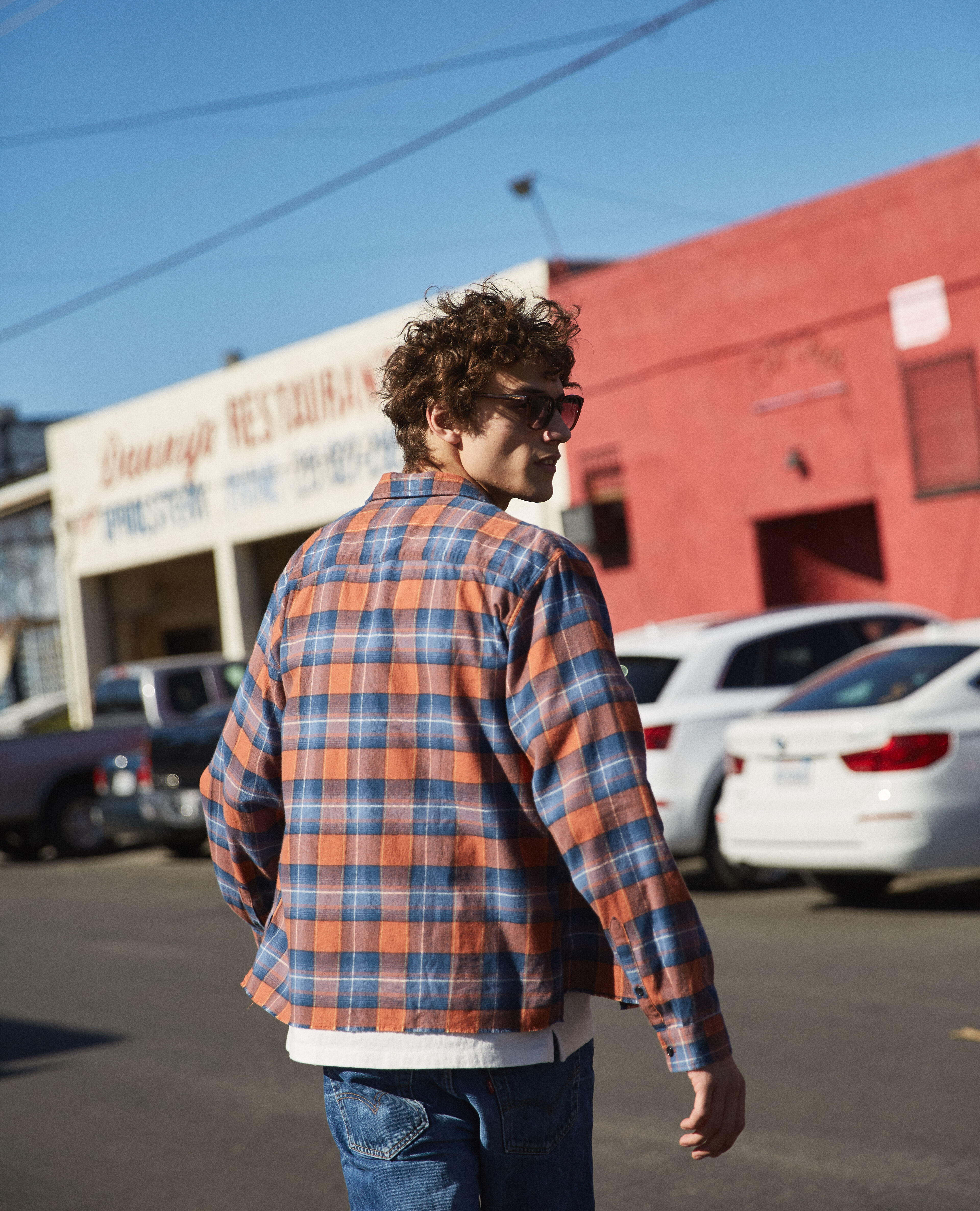 Orange blue check shirt hotsell