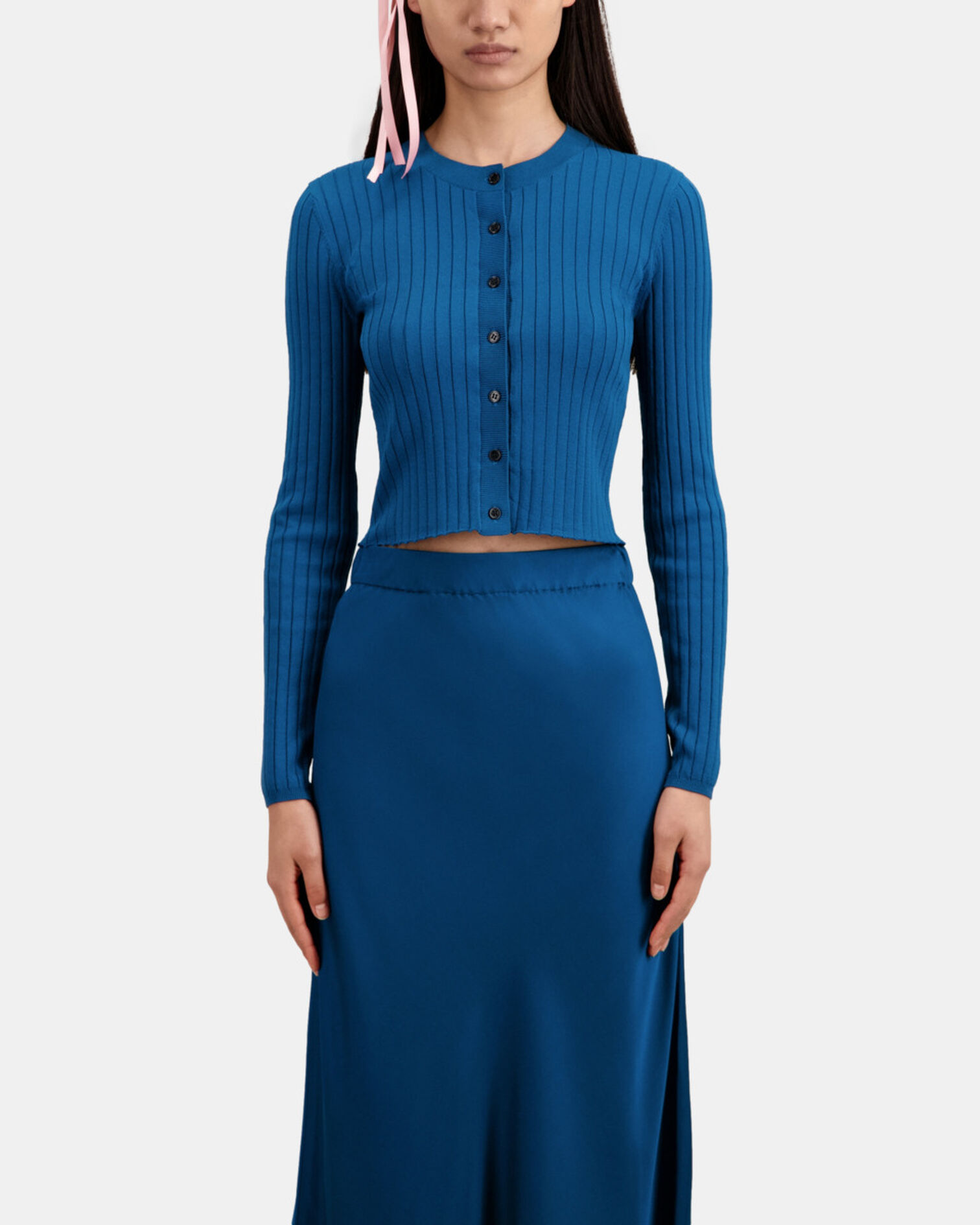 Short ribbed blue cardigan, MEDIUM BLUE, hi-res image number null