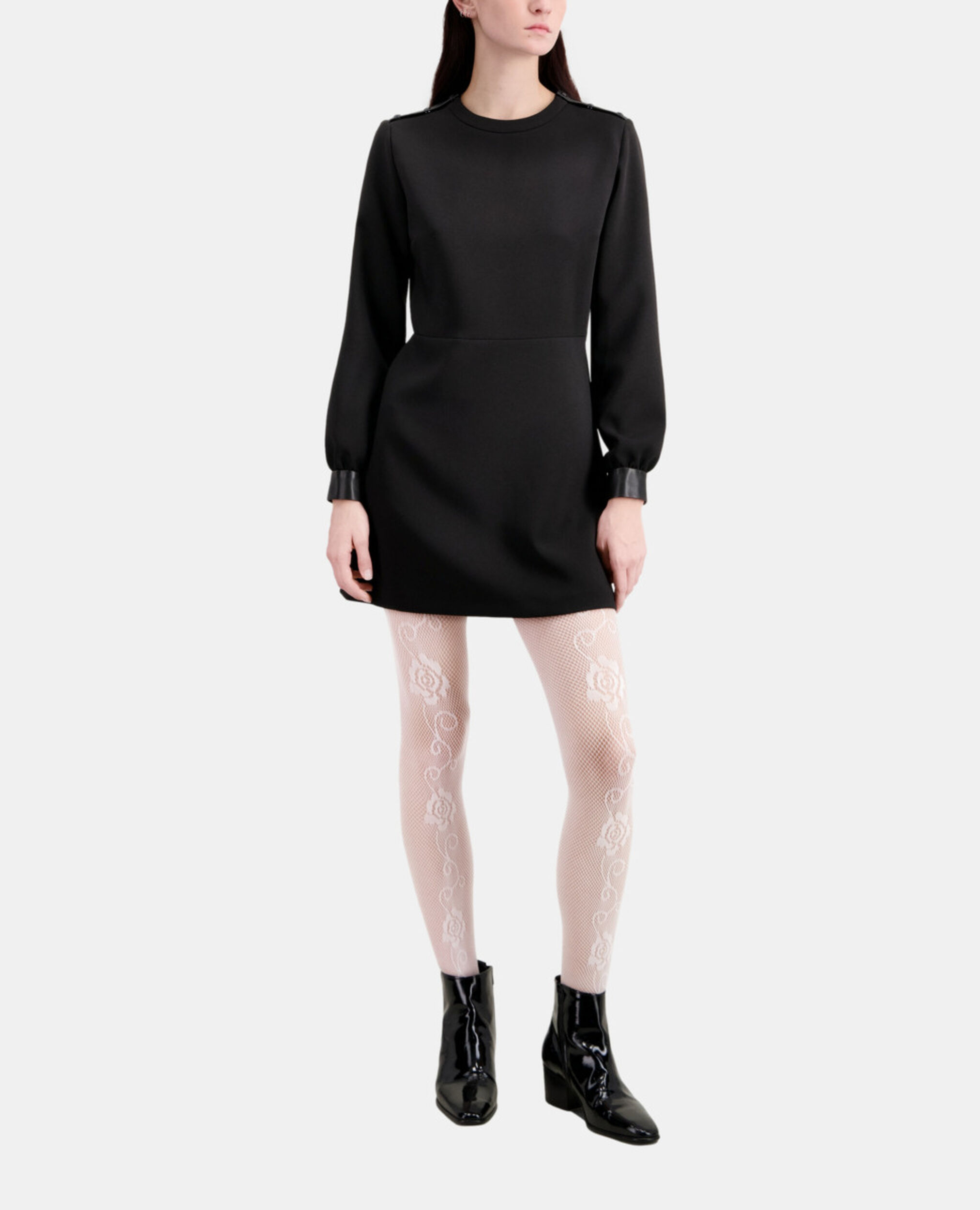 Robe courte en crêpe avec détails en cuir, BLACK, hi-res image number null