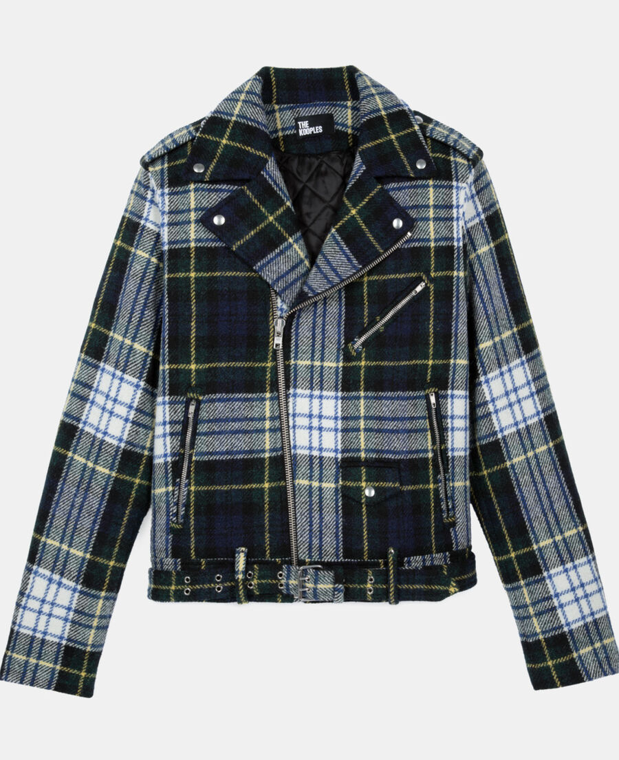 The Kooples MEN GREEN-WHITE green and navy blue check wool biker jacket the kooples x harris twed