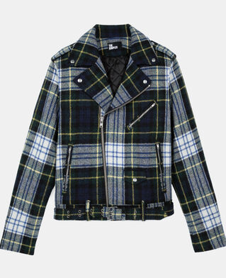 The Kooples MEN GREEN-WHITE green and navy blue check wool biker jacket the kooples x harris twed