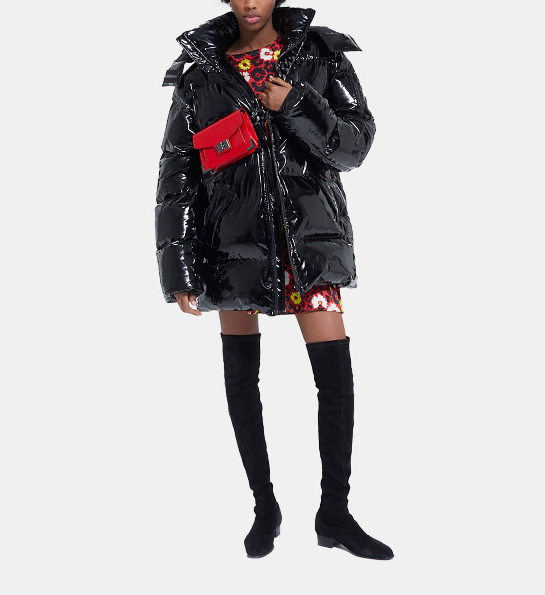 Black oversized vinyl down jacket with straps and logo