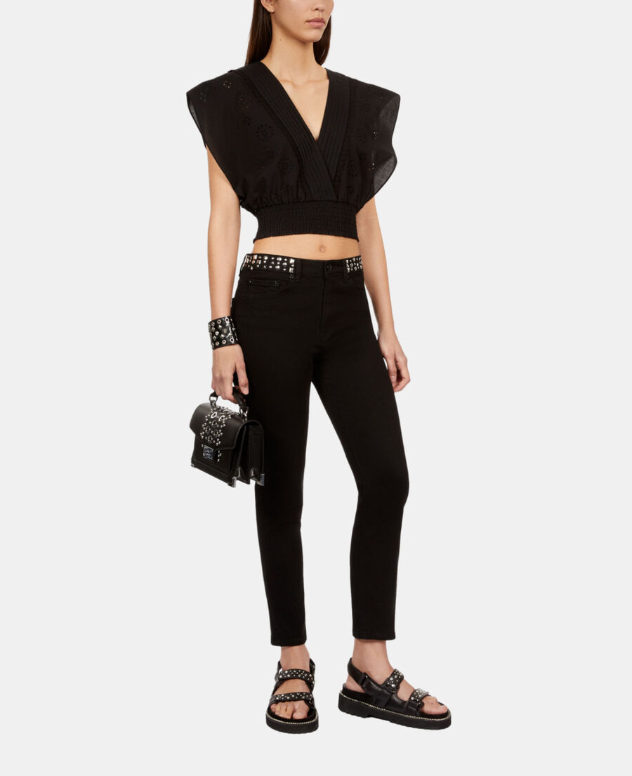 The Kooples F BLACK black short top in english embroidery